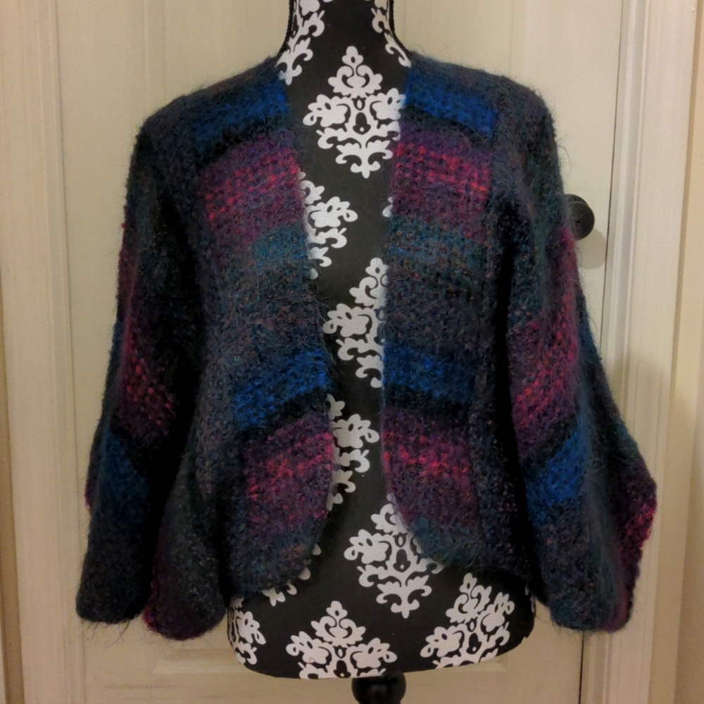 Nessa Warner Red/Blue/Black/Green Handwoven Mohair Loose Shrug, Small